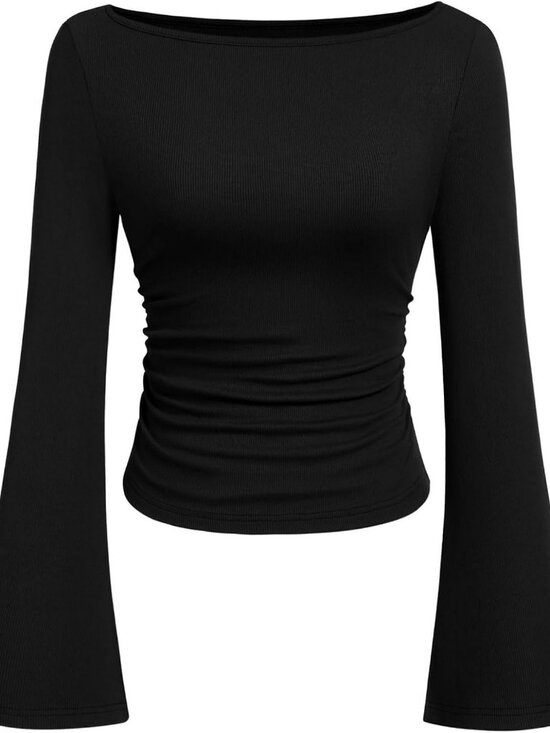 Branded Tops - Womens Long Sleeve Crop Top 2026 Spring Y2K Ribbed Ruched Boat Neck Bell Sleeve